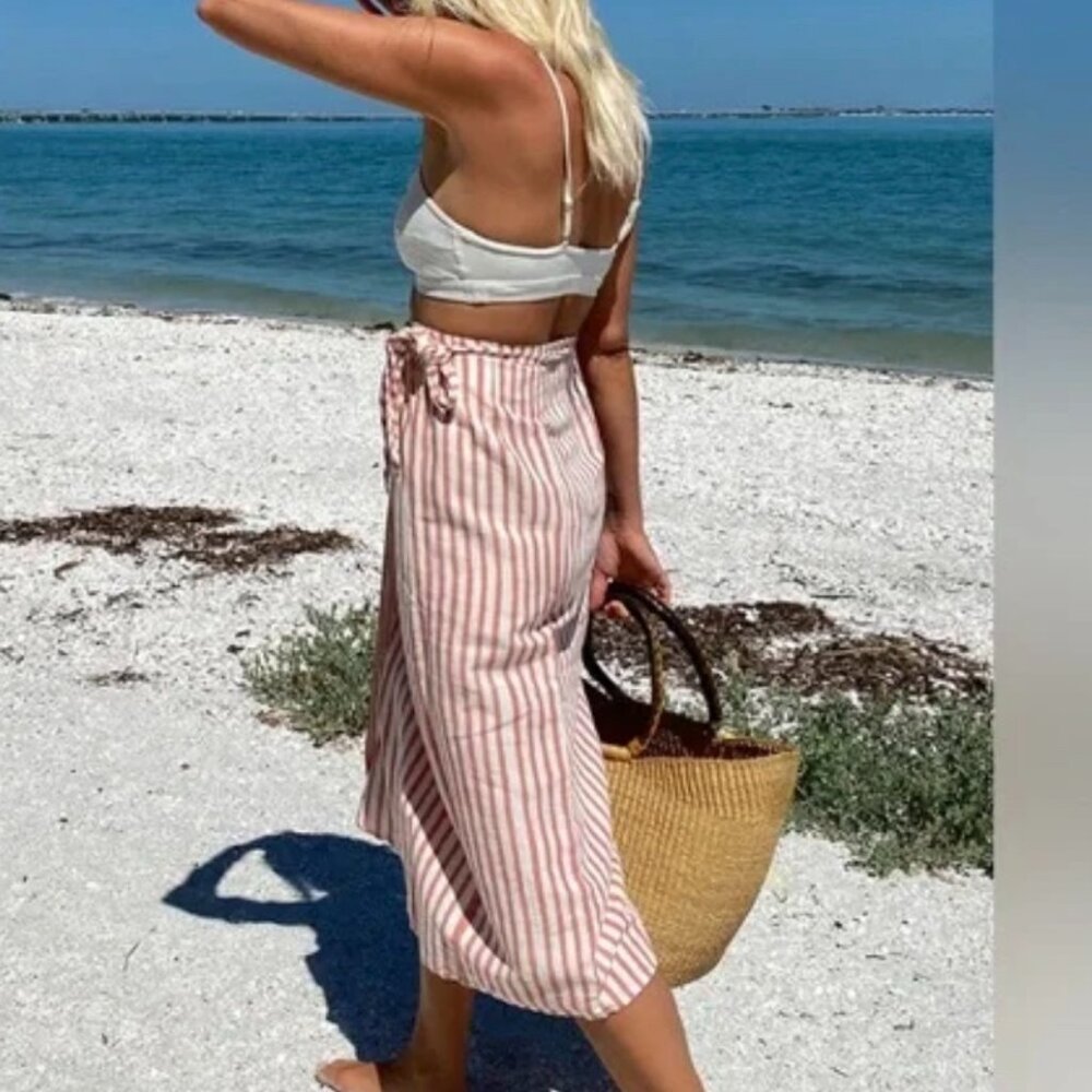 Emerson Fry India Collection TIE SKIRT MUTED CLAY STRIPE ORGANIC LINEN, XS/S